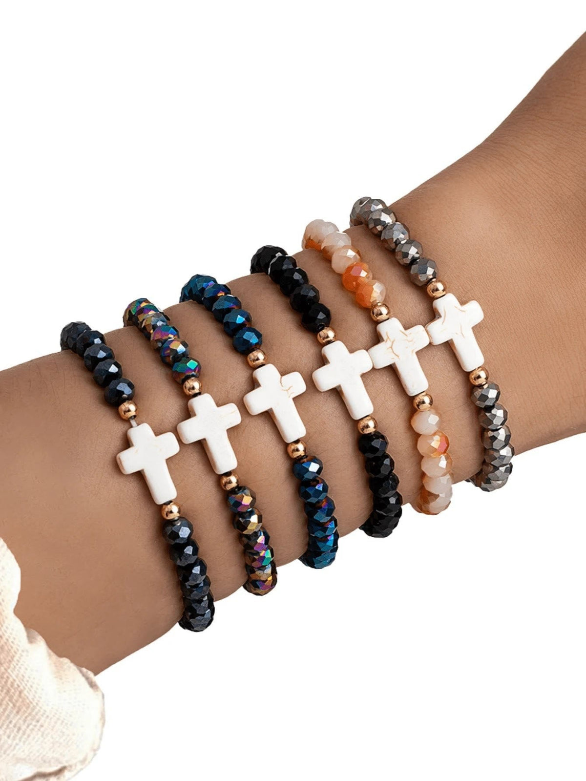 Faceted Crystal, Matte Mineral & Smooth Round Bead Multi-Layer Cross Bracelet Set