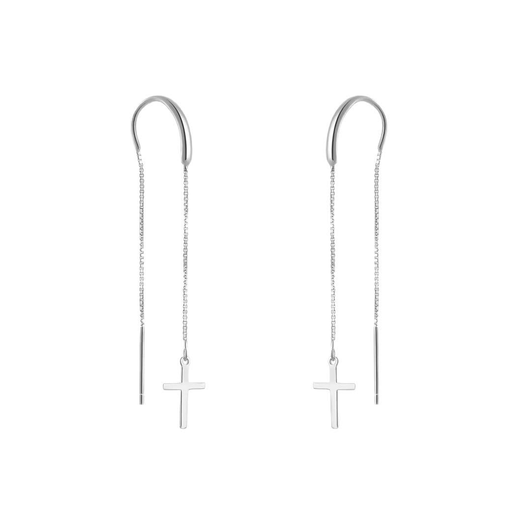 Minimal Bar Accent Long Tassel Threader Earrings with Flat Cross Charm: A Reminder of Divine Grace