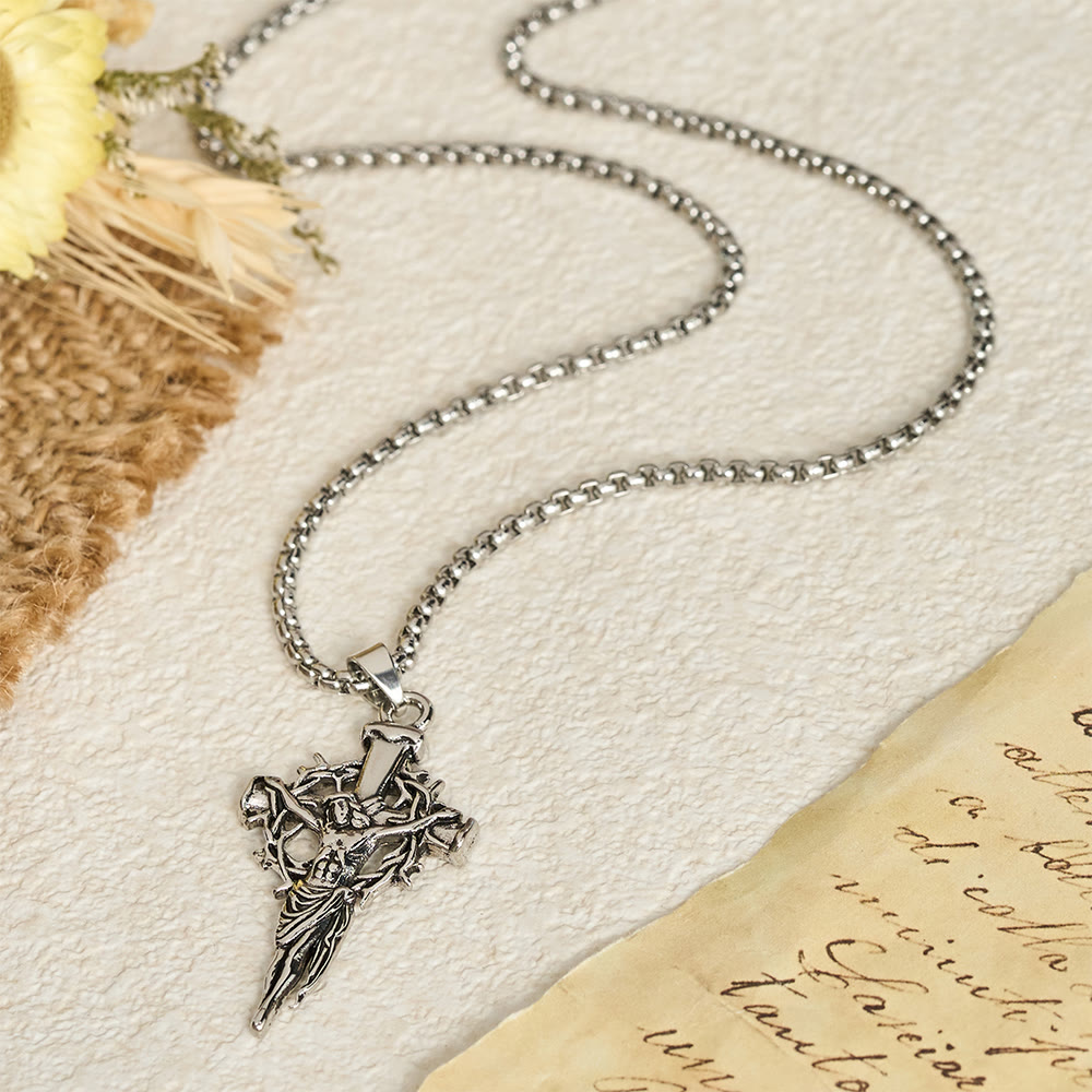Embossed Thorn Crown Crucifix Box Chain Necklace: Emblem of Sacrifice and Redeeming Mercy