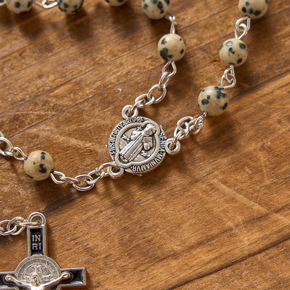 Spotted Natural Stone St.Benedict Crucifix Prayer Rosary: Emblem of Prayerful Protection & Redeeming Mercy