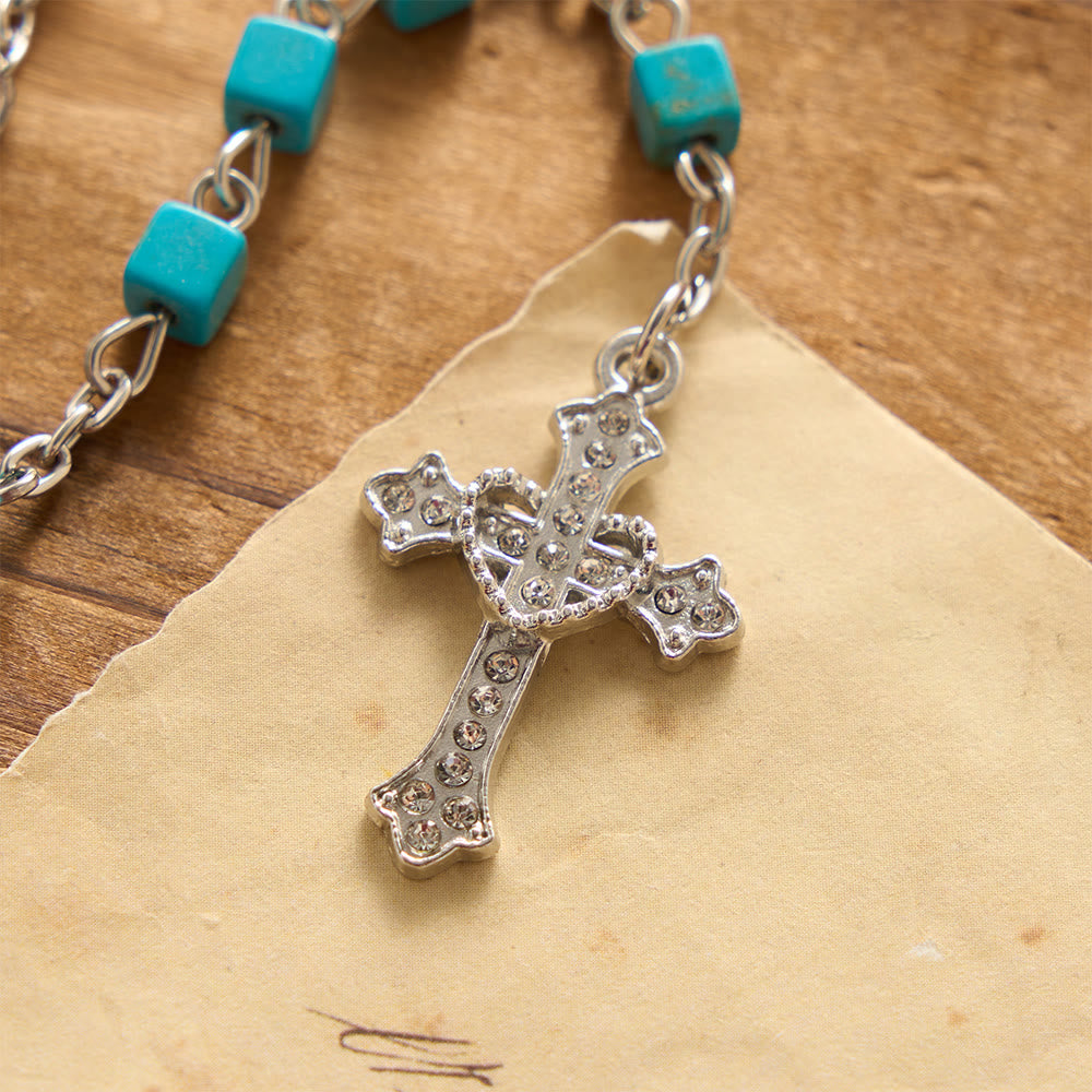 Cube Turquoise Bead Crystal Border Our Lady Prayer Rosary: Emblem of Gentle Heavenly Protection
