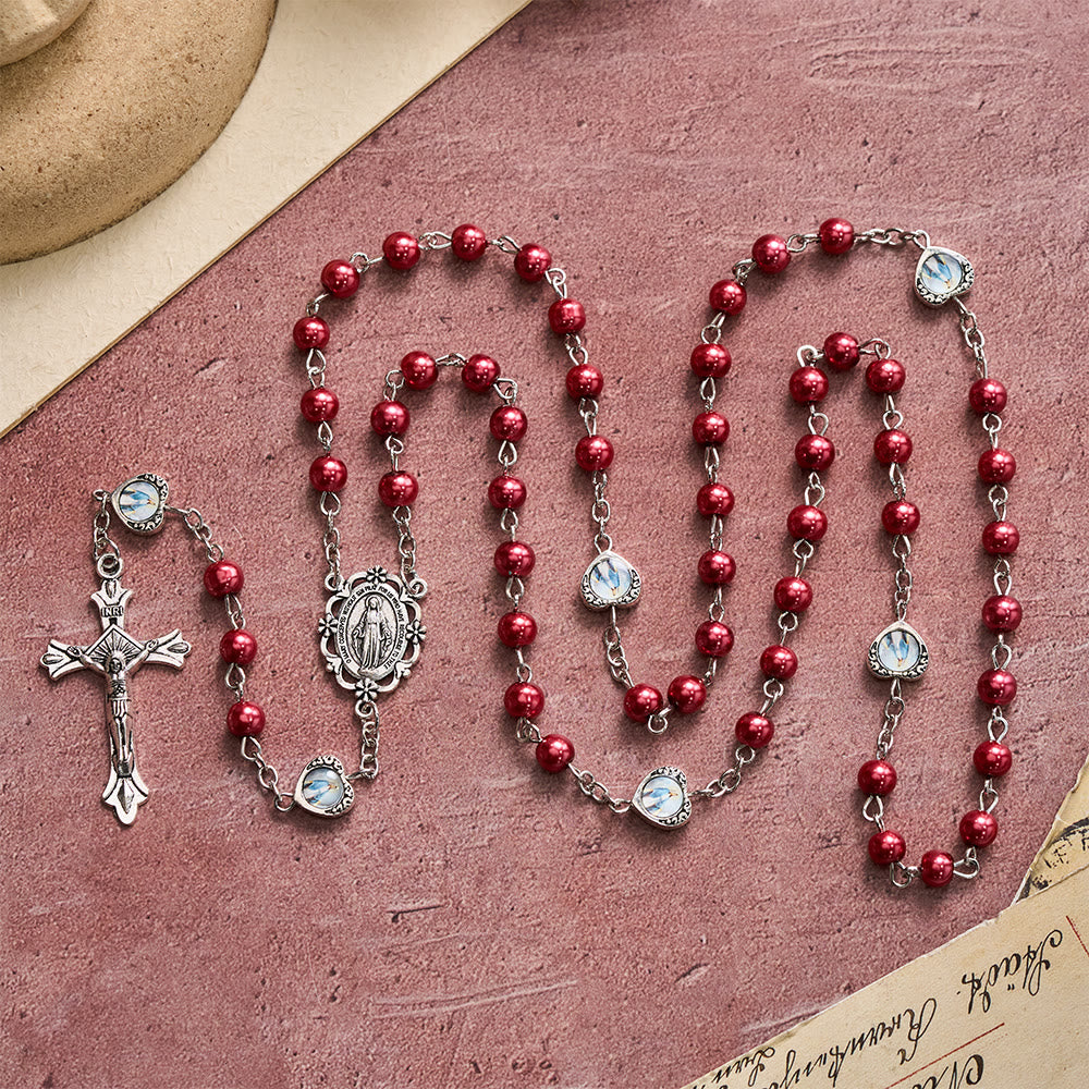 Multi-Tone Glossy Pearlescent Bead Heart Saint Portrait Prayer Rosary: Emblem of Gentle Heavenly Shelter