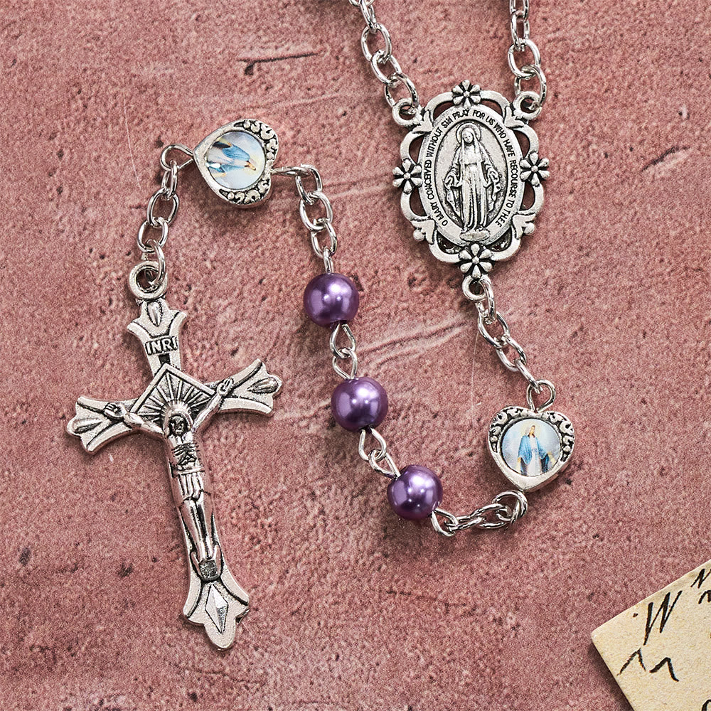 Multi-Tone Glossy Pearlescent Bead Heart Saint Portrait Prayer Rosary: Emblem of Gentle Heavenly Shelter