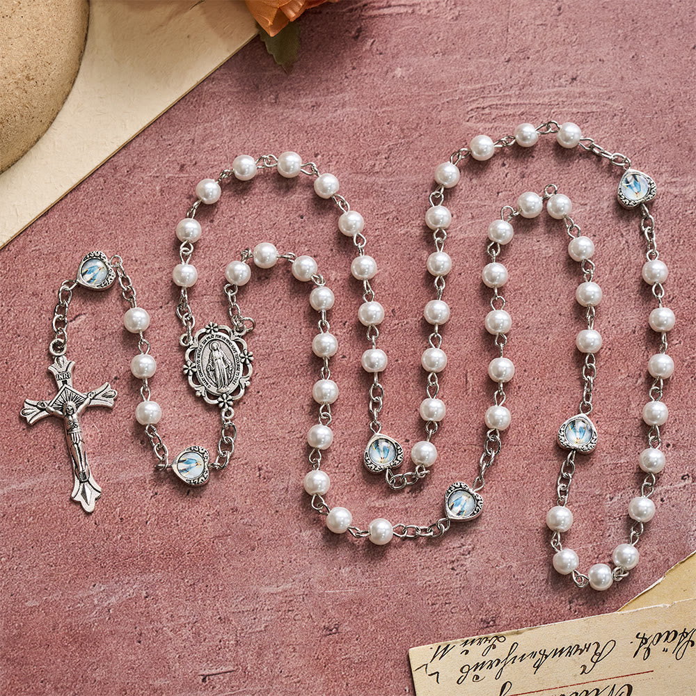 Multi-Tone Glossy Pearlescent Bead Heart Saint Portrait Prayer Rosary: Emblem of Gentle Heavenly Shelter