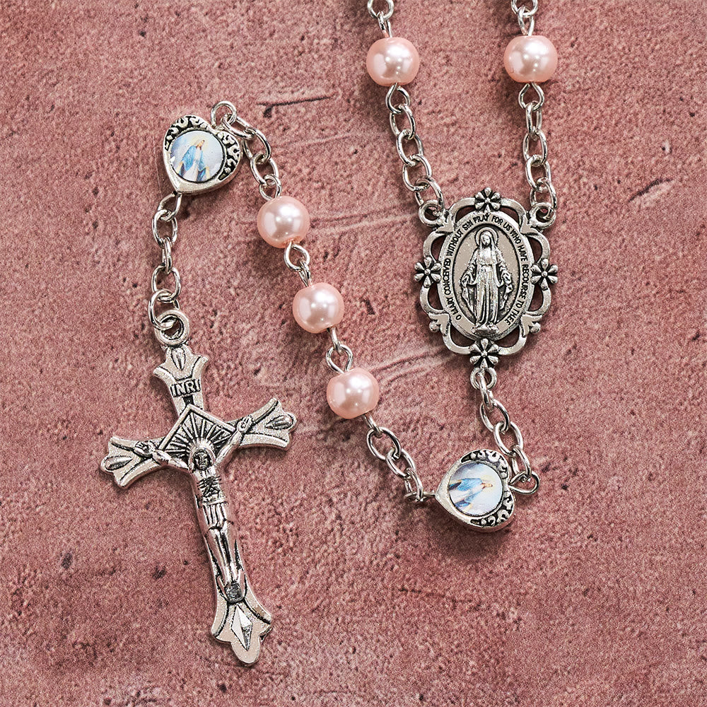 Multi-Tone Glossy Pearlescent Bead Heart Saint Portrait Prayer Rosary: Emblem of Gentle Heavenly Shelter
