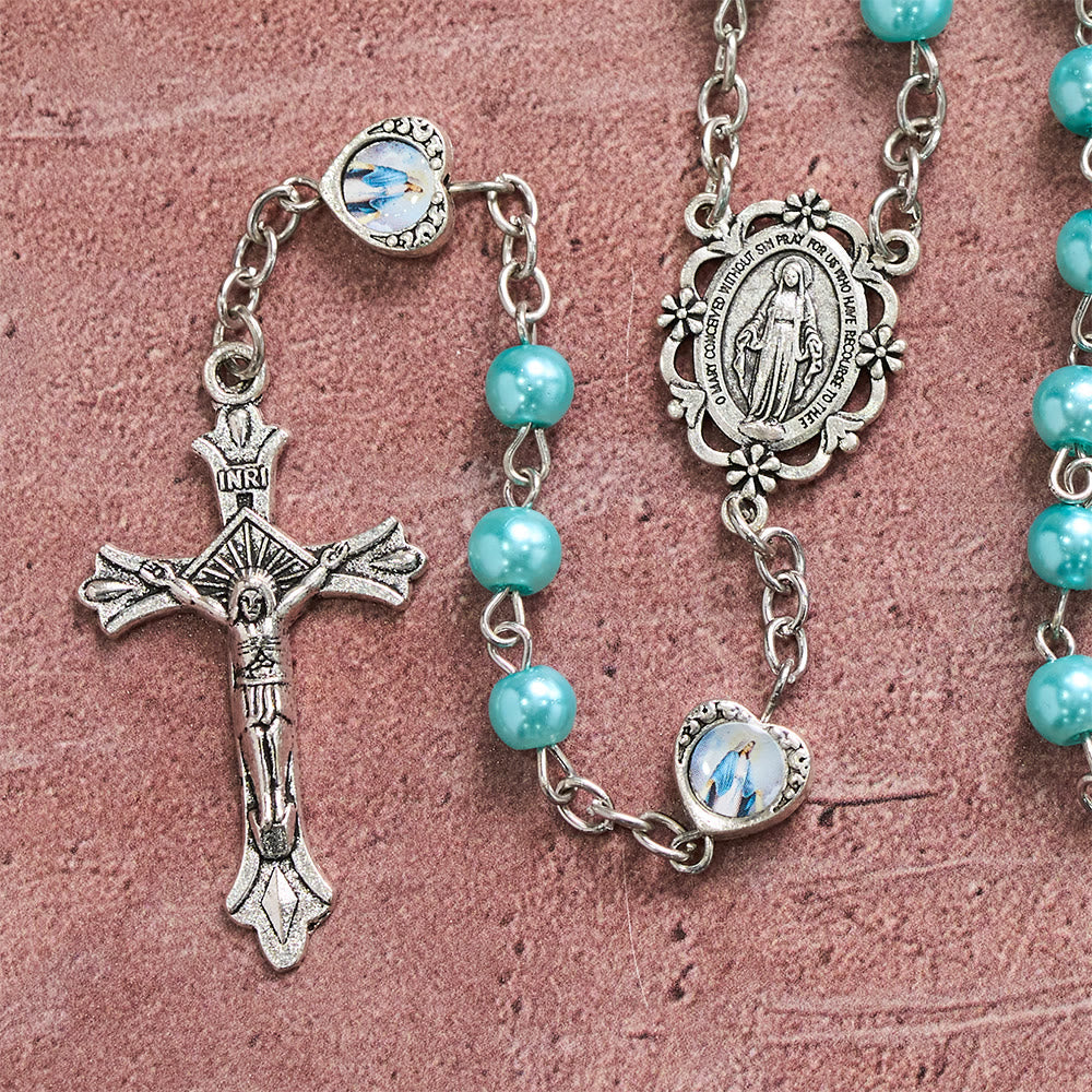 Multi-Tone Glossy Pearlescent Bead Heart Saint Portrait Prayer Rosary: Emblem of Gentle Heavenly Shelter