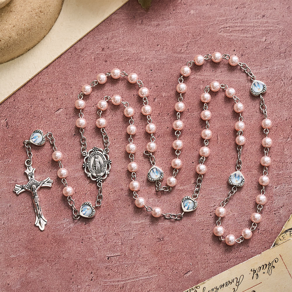 Multi-Tone Glossy Pearlescent Bead Heart Saint Portrait Prayer Rosary: Emblem of Gentle Heavenly Shelter