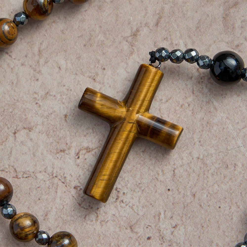 Tiger’s Eye & Obsidian Mixed Natural Stone Solid Cross Prayer Rosary: Emblem of Grounded Stabilizing Divine Grace
