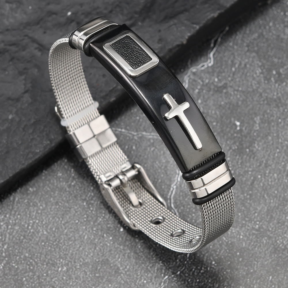 Two-Tone Raised Cross Mesh Stainless Steel Pin Buckle Bracelet: Emblem of Minimalist Abiding Grace