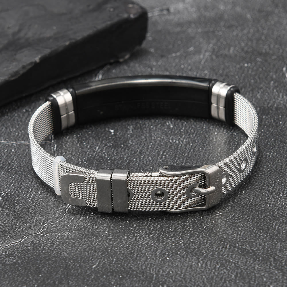 Two-Tone Raised Cross Mesh Stainless Steel Pin Buckle Bracelet: Emblem of Minimalist Abiding Grace