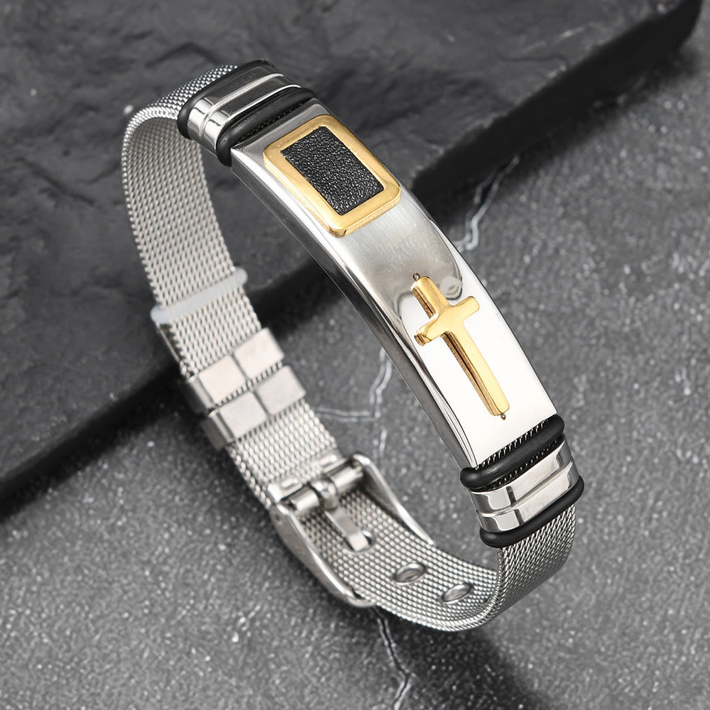 Two-Tone Raised Cross Mesh Stainless Steel Pin Buckle Bracelet: Emblem of Minimalist Abiding Grace