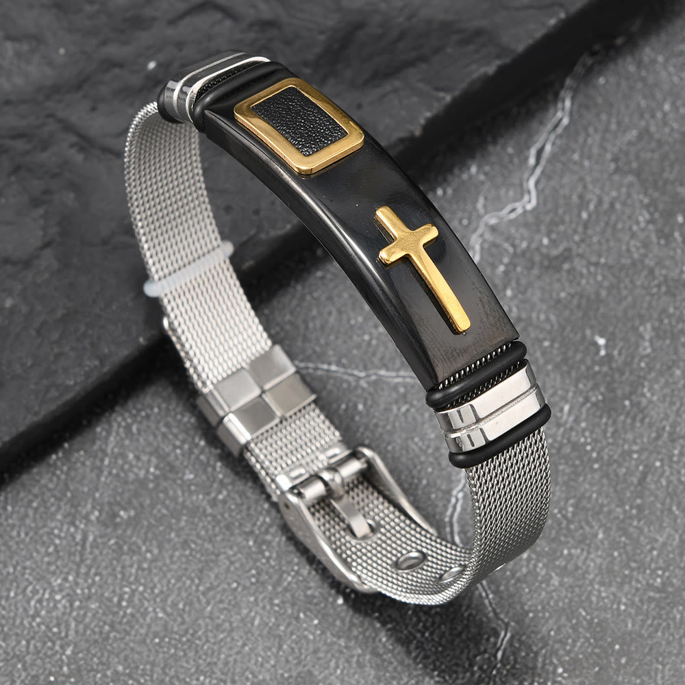 Two-Tone Raised Cross Mesh Stainless Steel Pin Buckle Bracelet: Emblem of Minimalist Abiding Grace