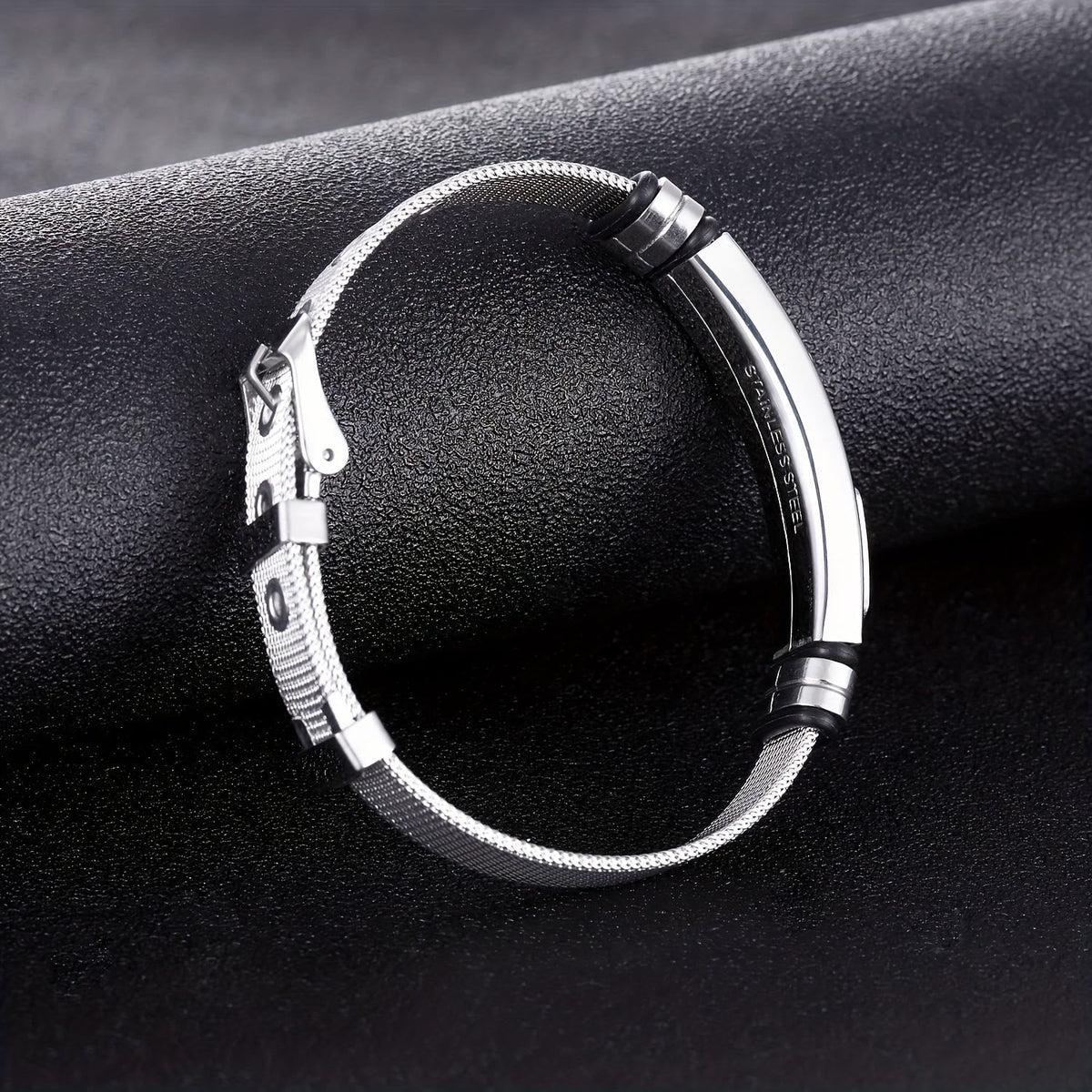 Two-Tone Raised Cross Mesh Stainless Steel Pin Buckle Bracelet: Emblem of Minimalist Abiding Grace