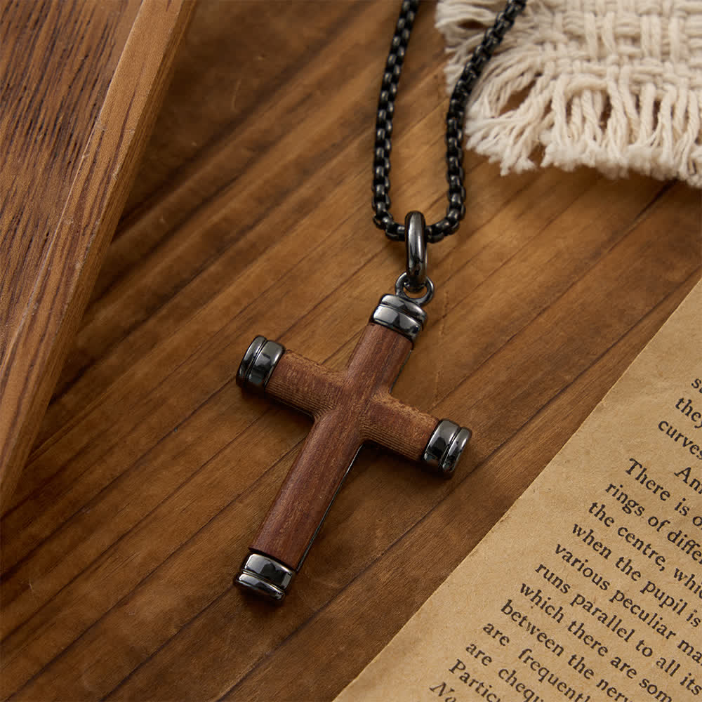 Minimalist Wood Cross Necklace with Sleek Metal Ends: An Emblem of Strength and Devotion