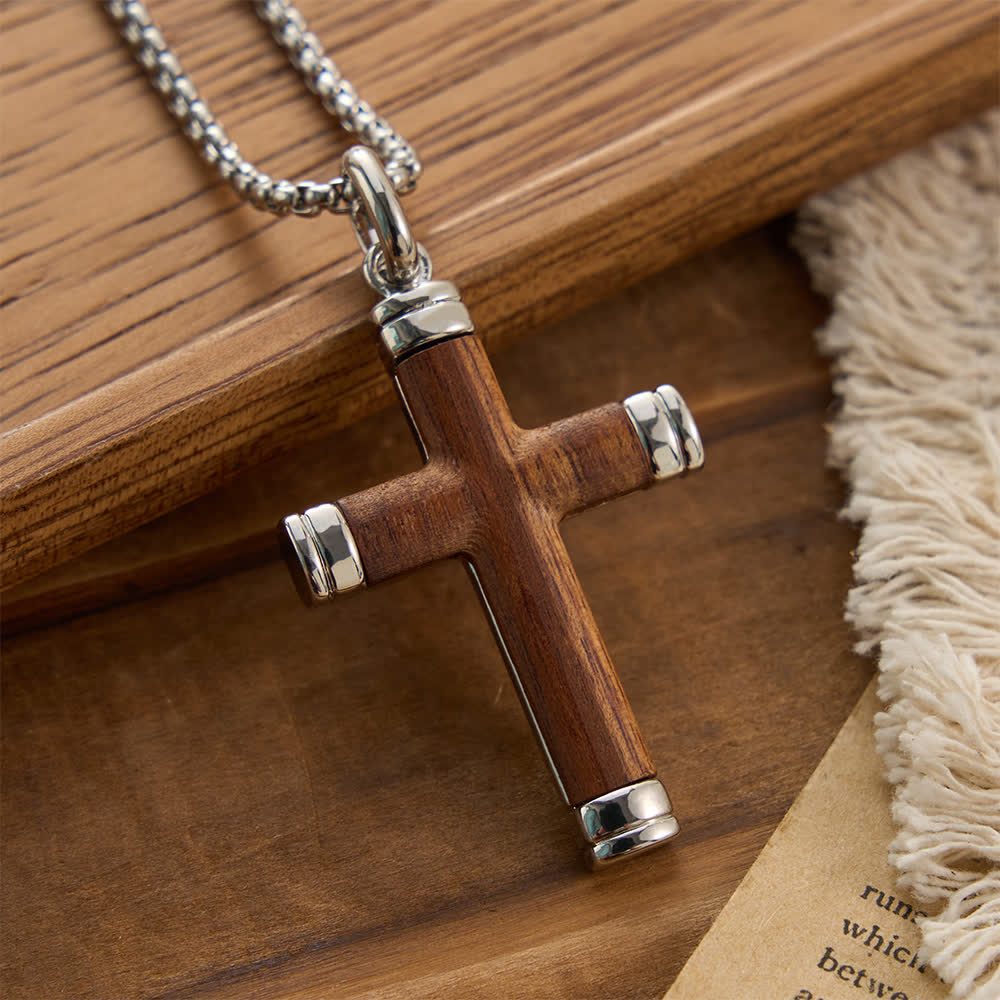Minimalist Wood Cross Necklace with Sleek Metal Ends: An Emblem of Strength and Devotion