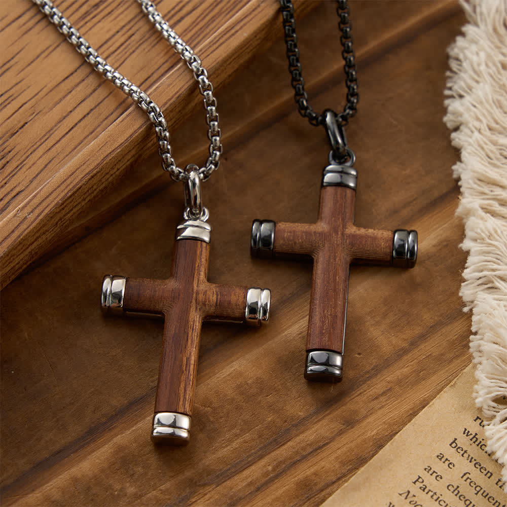 Minimalist Wood Cross Necklace with Sleek Metal Ends: An Emblem of Strength and Devotion