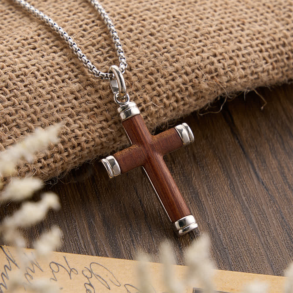 Minimalist Wood Cross Necklace with Sleek Metal Ends: An Emblem of Strength and Devotion