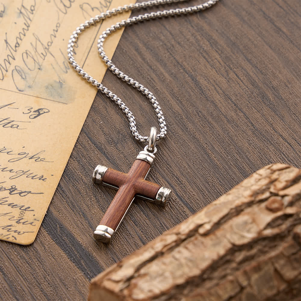 Minimalist Wood Cross Necklace with Sleek Metal Ends: An Emblem of Strength and Devotion