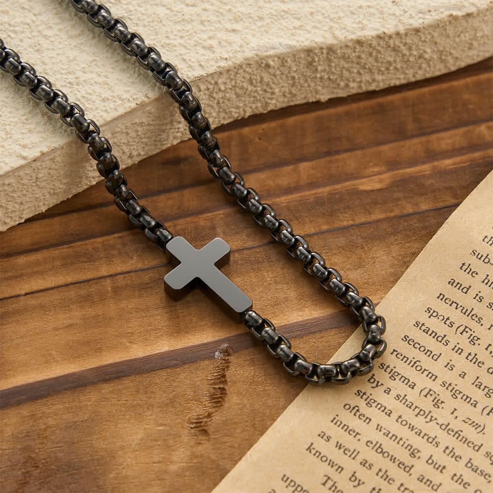 Sleek Stainless Steel Cross Necklace with Sideways Pendant: A Reminder of Divine Grace