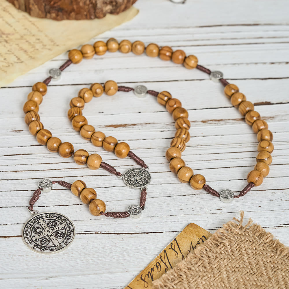 Natural Grain Wooden Bead Cord Rosary With St.Benedict / Our Lady / Finger Rosary Pendant