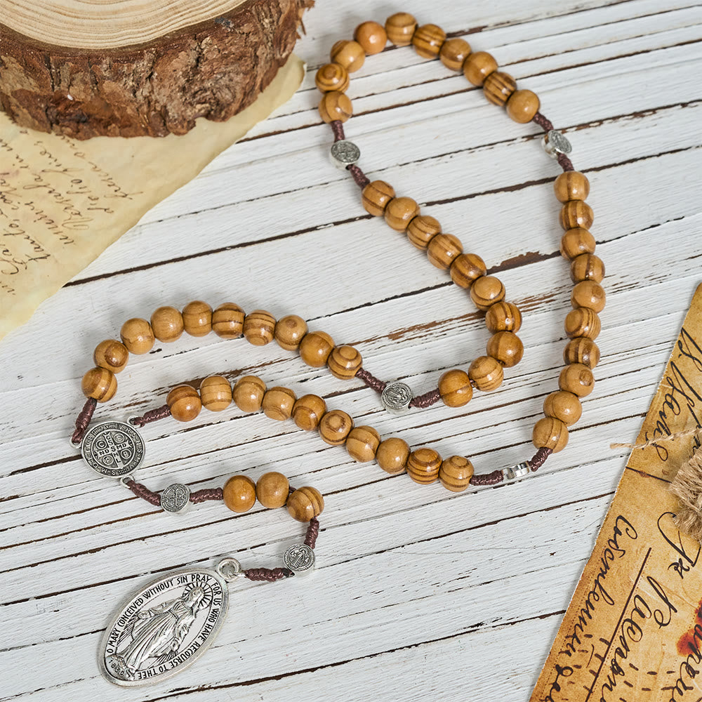 Natural Grain Wooden Bead Cord Rosary With St.Benedict / Our Lady / Finger Rosary Pendant