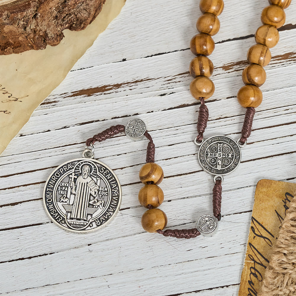 Natural Grain Wooden Bead Cord Rosary With St.Benedict / Our Lady / Finger Rosary Pendant