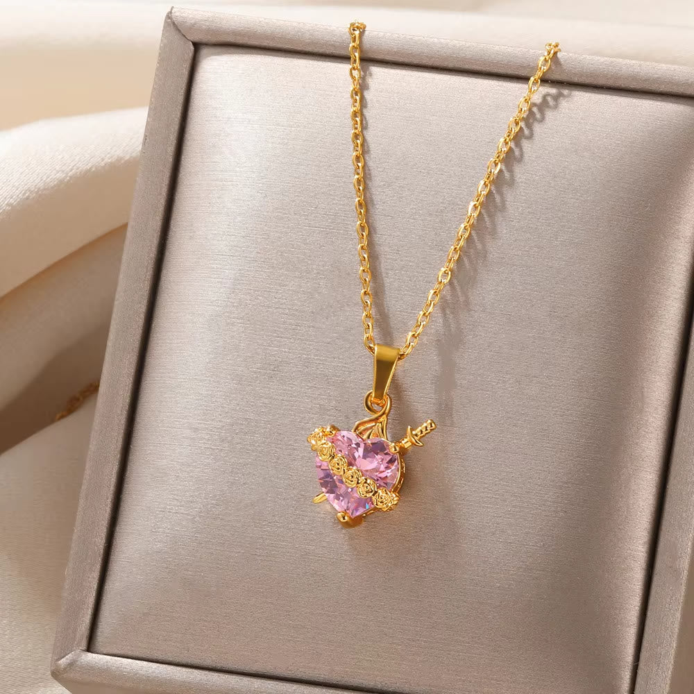 Pink Sacred Heart Rose Dagger Pendant Necklace: Timeless Emblem of Sacred Vow and Devoted Affection