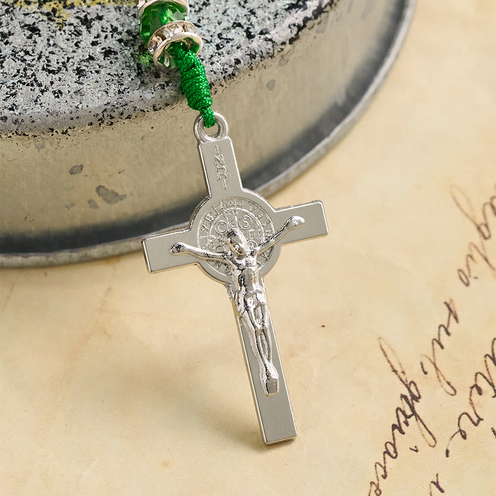 Emerald Transparent Round Bead Rosary With St. Patrick Saint Portrait Plaques & INRI Crucifix
