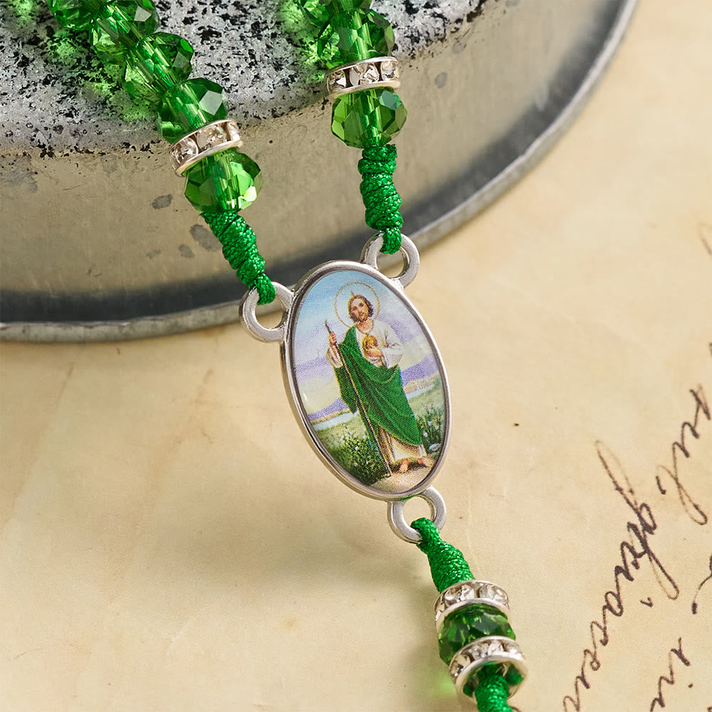 Emerald Transparent Round Bead Rosary With St. Patrick Saint Portrait Plaques & INRI Crucifix