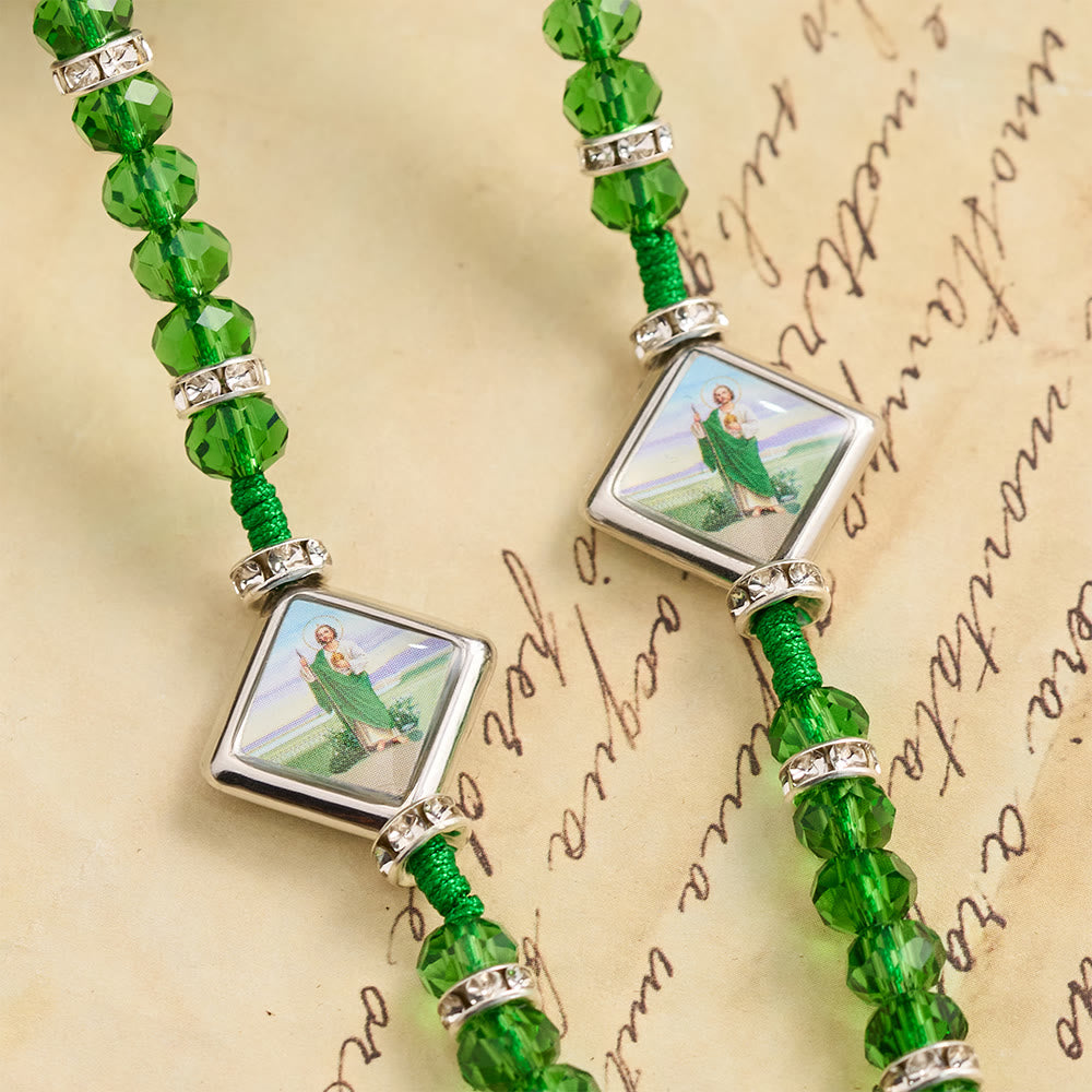 Emerald Transparent Round Bead Rosary With St. Patrick Saint Portrait Plaques & INRI Crucifix
