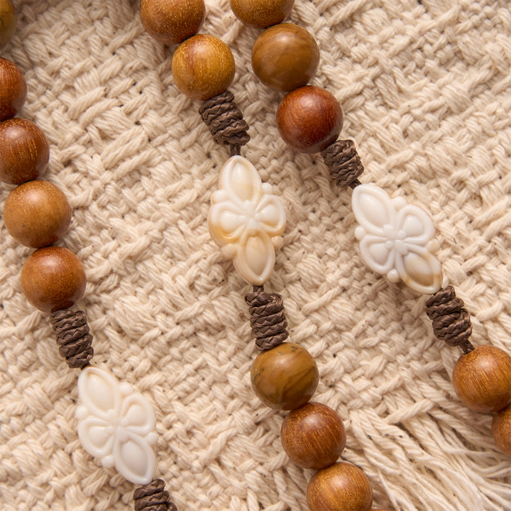 Natural Green Sandalwood Bead Cord Rosary With St.Benedict Medal Floral Frame Crucifix