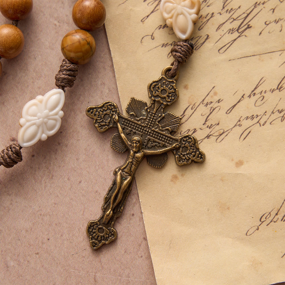 Natural Green Sandalwood Bead Cord Rosary With St.Benedict Medal Floral Frame Crucifix
