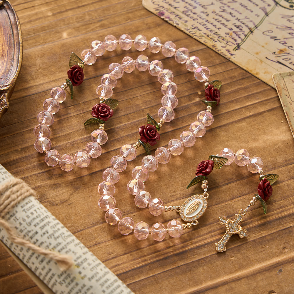 Faceted Pink Glass Bead Handmade Rose Our Lady of Guadalupe with Crucifix Prayer Rosary