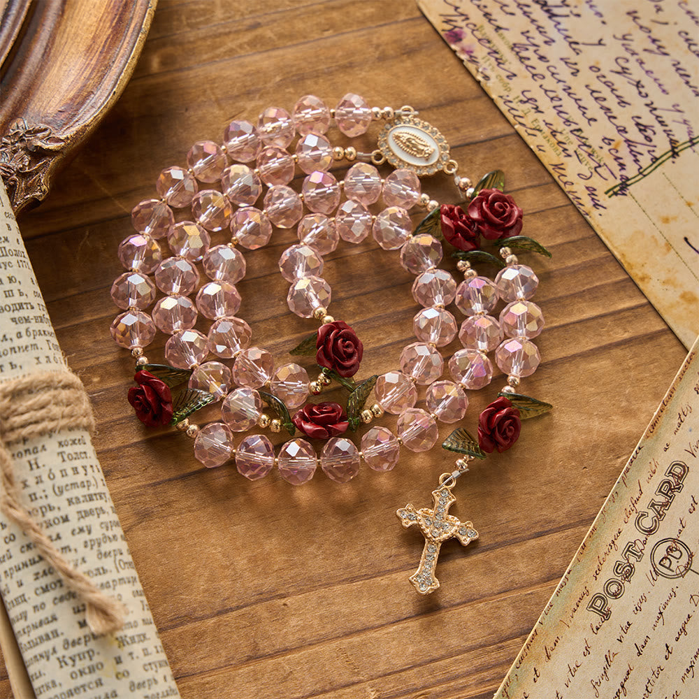 Faceted Pink Glass Bead Handmade Rose Our Lady of Guadalupe with Crucifix Prayer Rosary