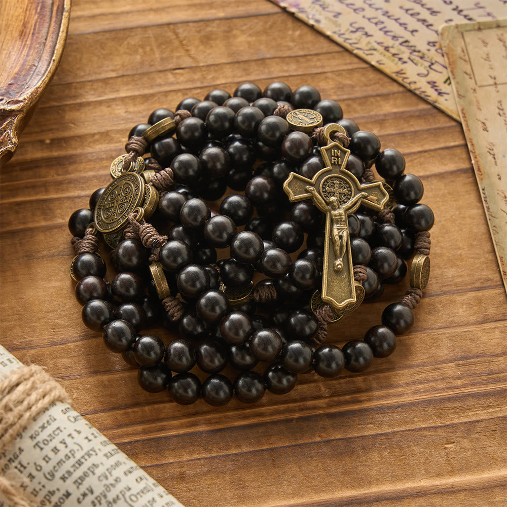 15 Decade Polished Ebony Wood Bead Full St.Benedict Engraved Rosary