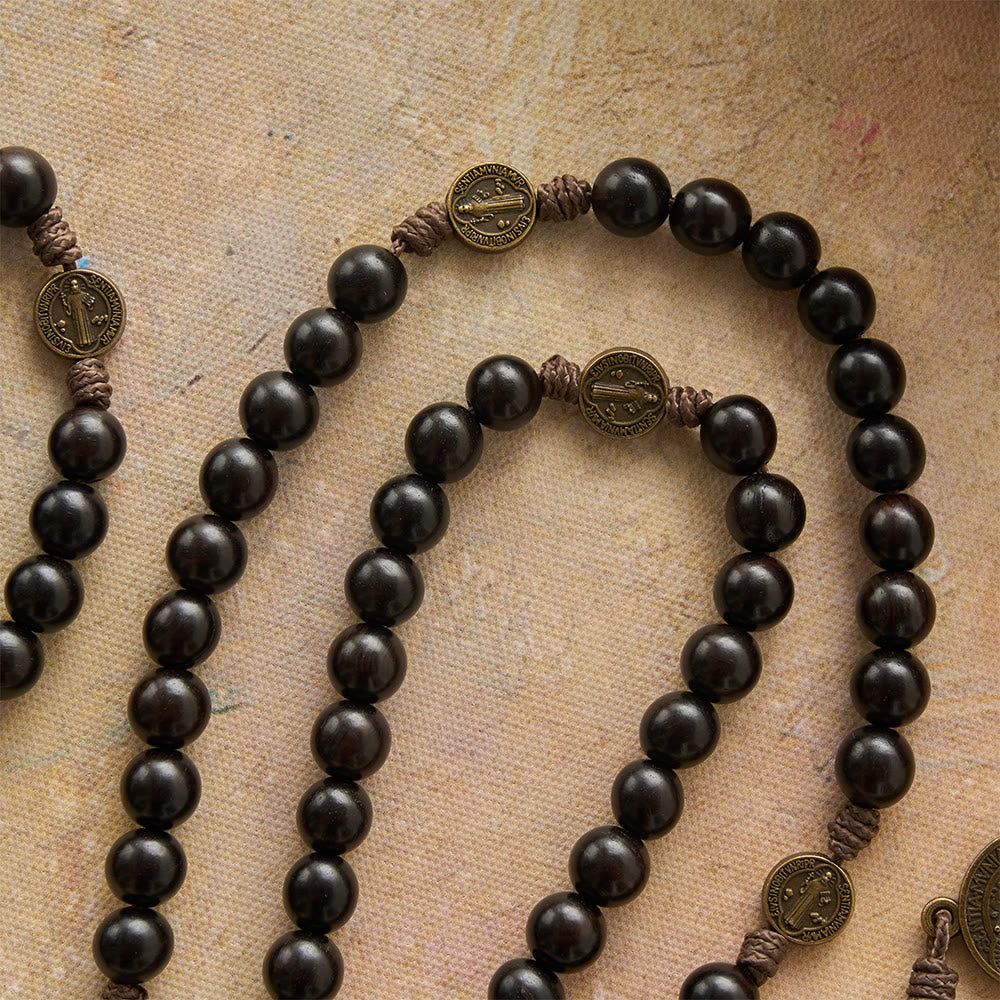 15 Decade Polished Ebony Wood Bead Full St.Benedict Engraved Rosary