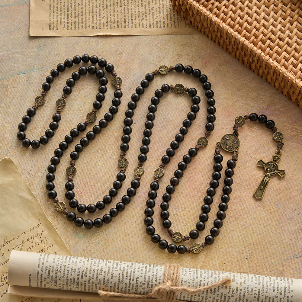 15 Decade Polished Ebony Wood Bead Full St.Benedict Engraved Rosary