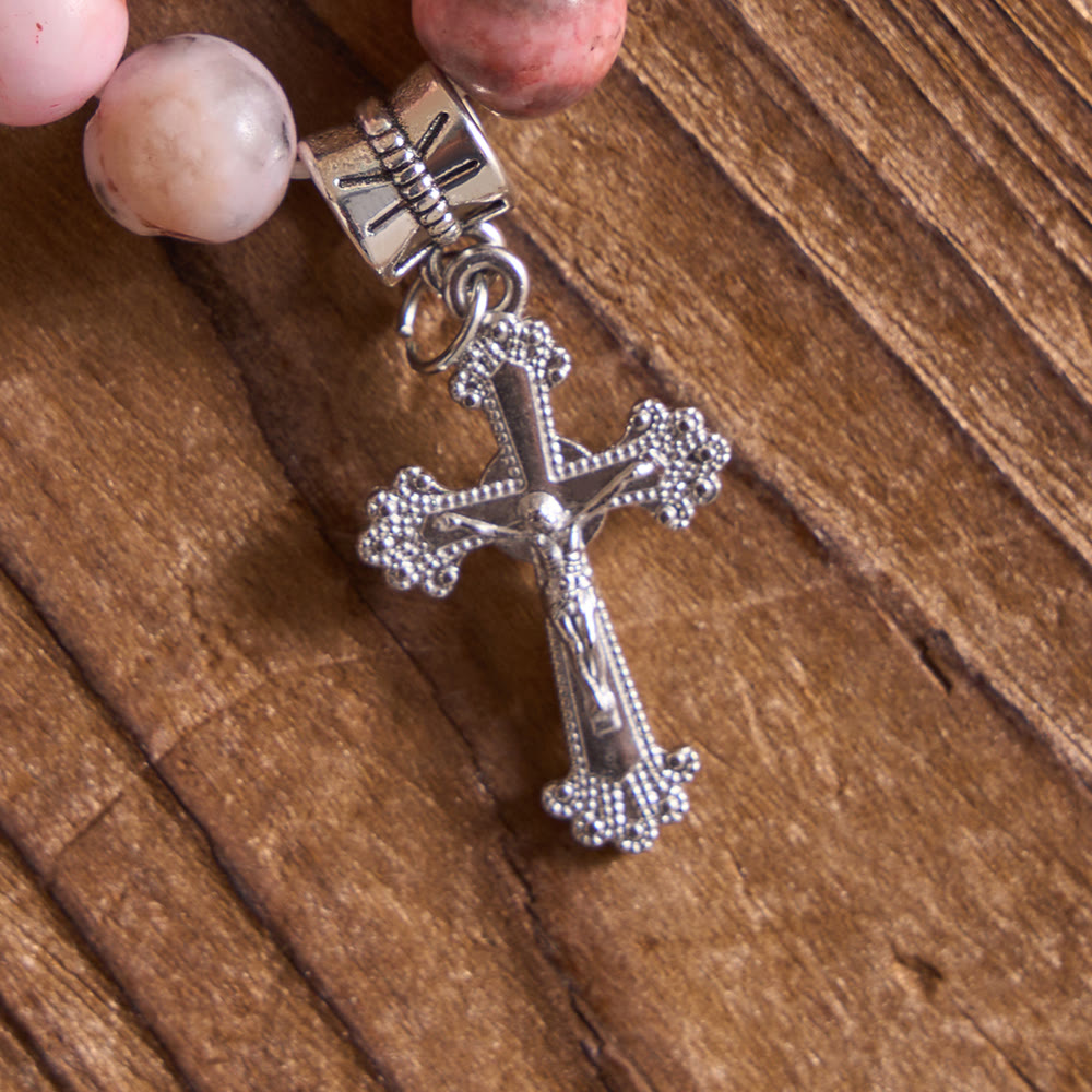 Natural Veined Pink Opal Floral Border Crucifix Finger Rosary
