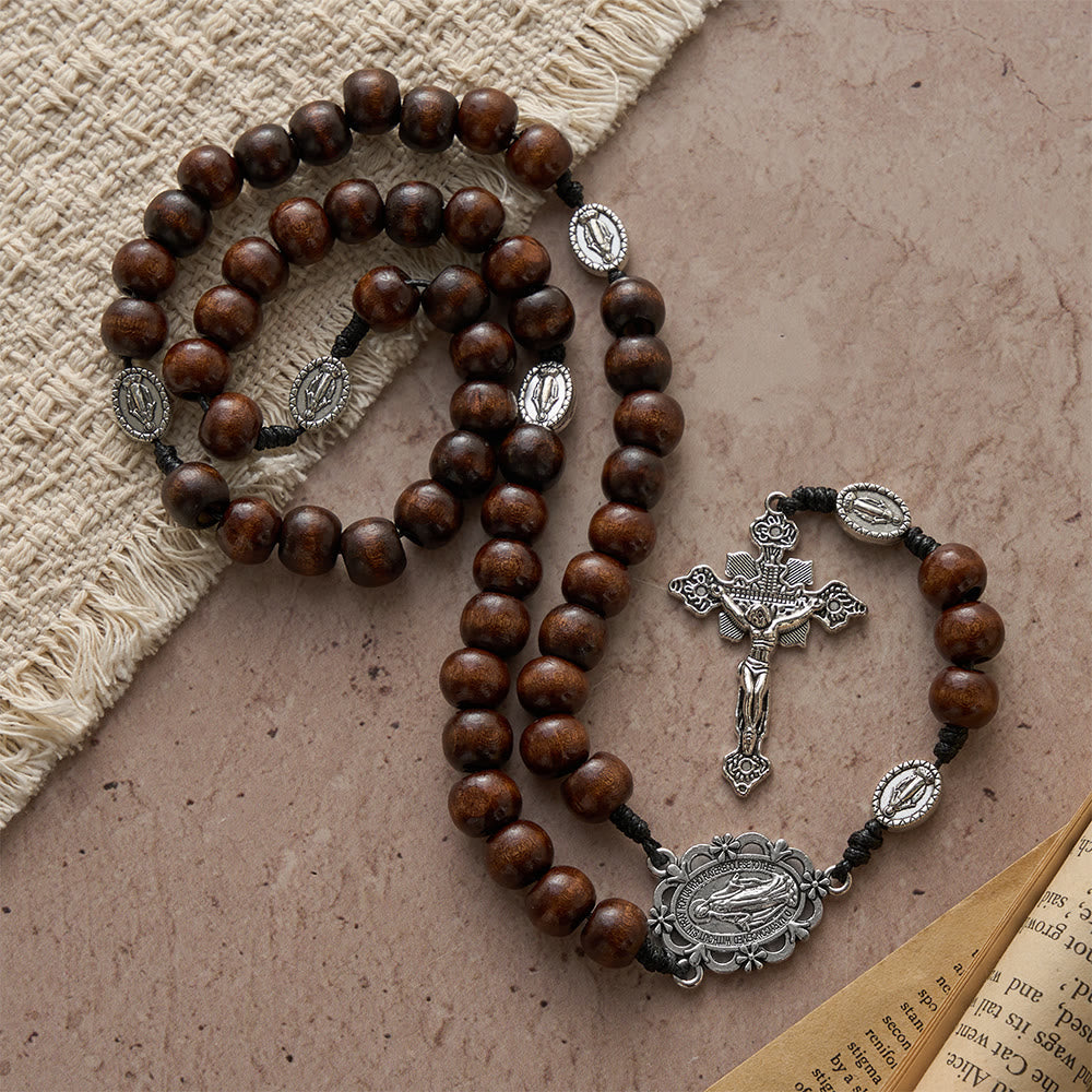 5/15/20 Decade Polished Natural Wood Bead Floral Frame Our Lady & Carved Crucifix Rosary