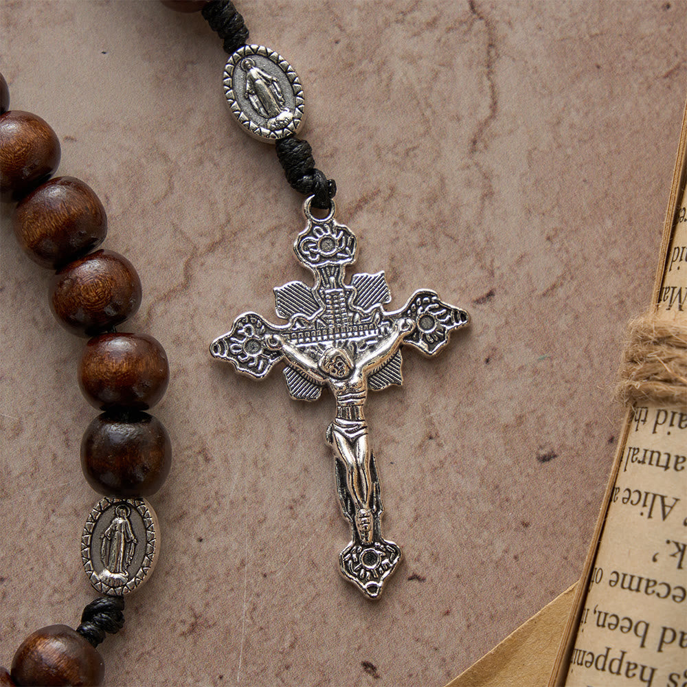 5/15/20 Decade Polished Natural Wood Bead Floral Frame Our Lady & Carved Crucifix Rosary