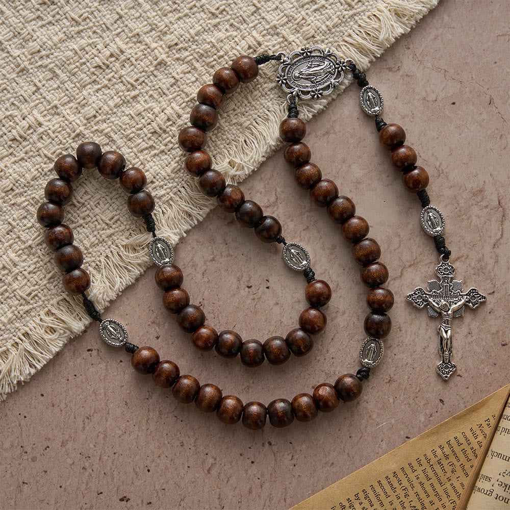 5/15/20 Decade Polished Natural Wood Bead Floral Frame Our Lady & Carved Crucifix Rosary