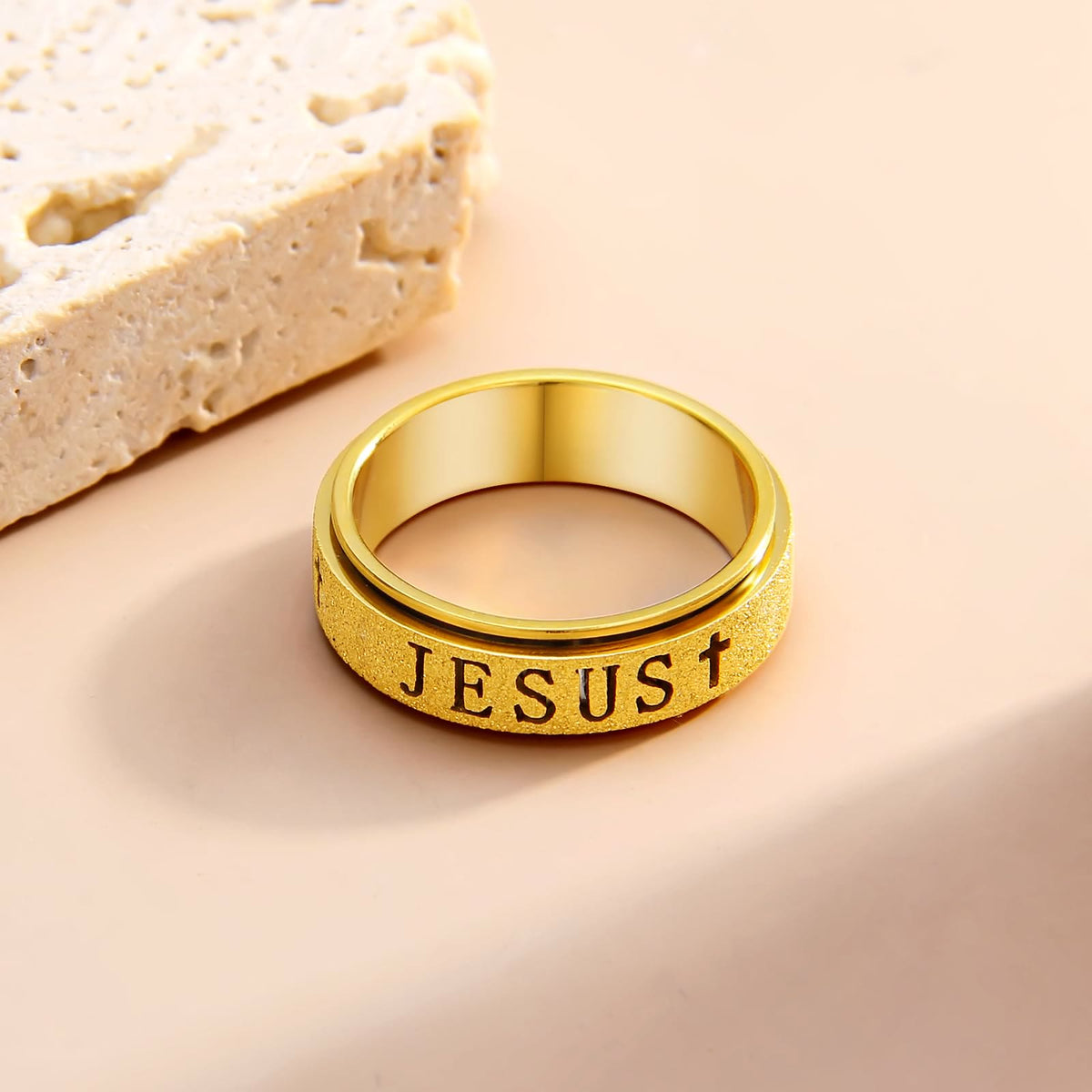 Engraved JESUS Text Cross Rotatable Anxiety Relief Band Ring: Timeless Emblem of Unshakable Sacred Faith