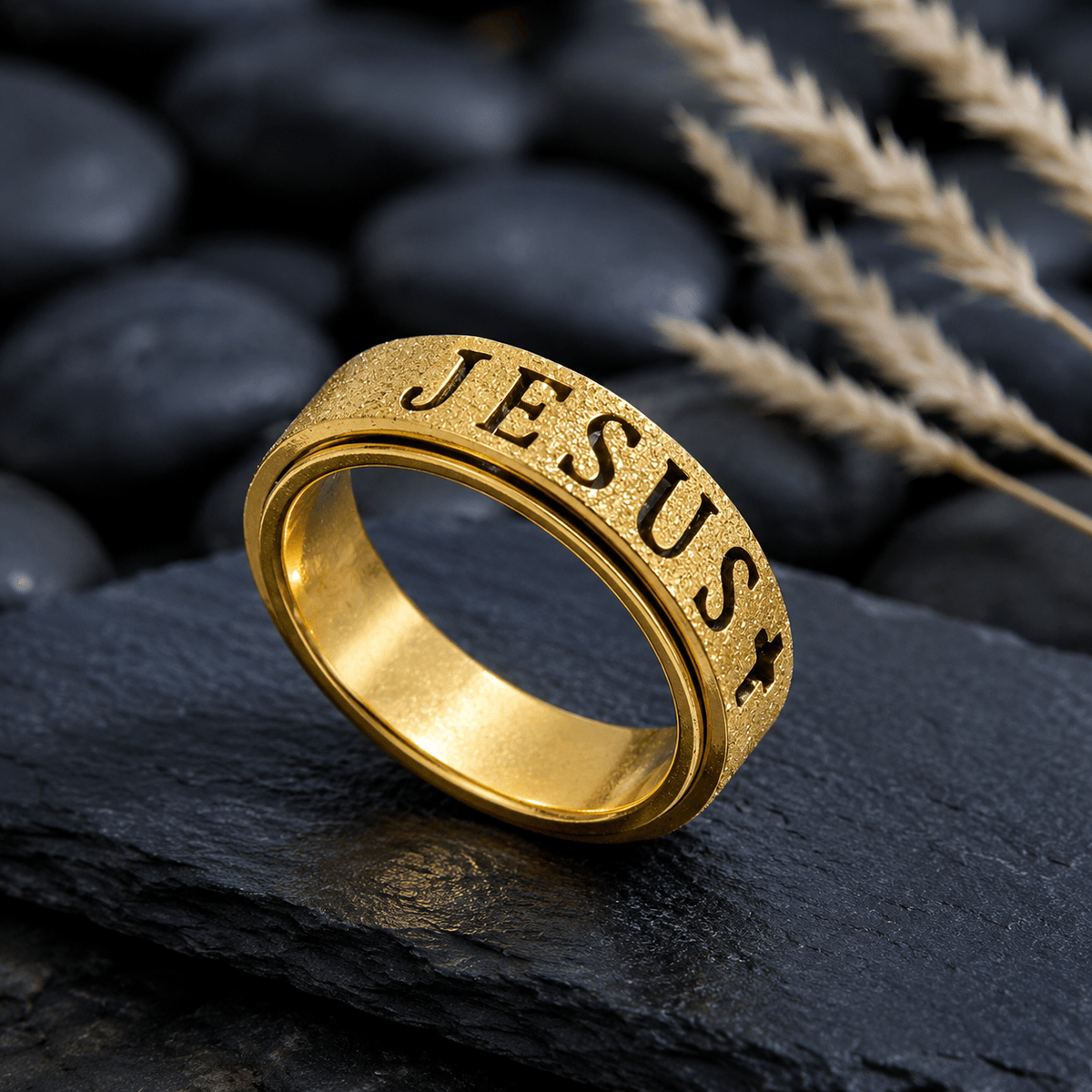 Engraved JESUS Text Cross Rotatable Anxiety Relief Band Ring: Timeless Emblem of Unshakable Sacred Faith