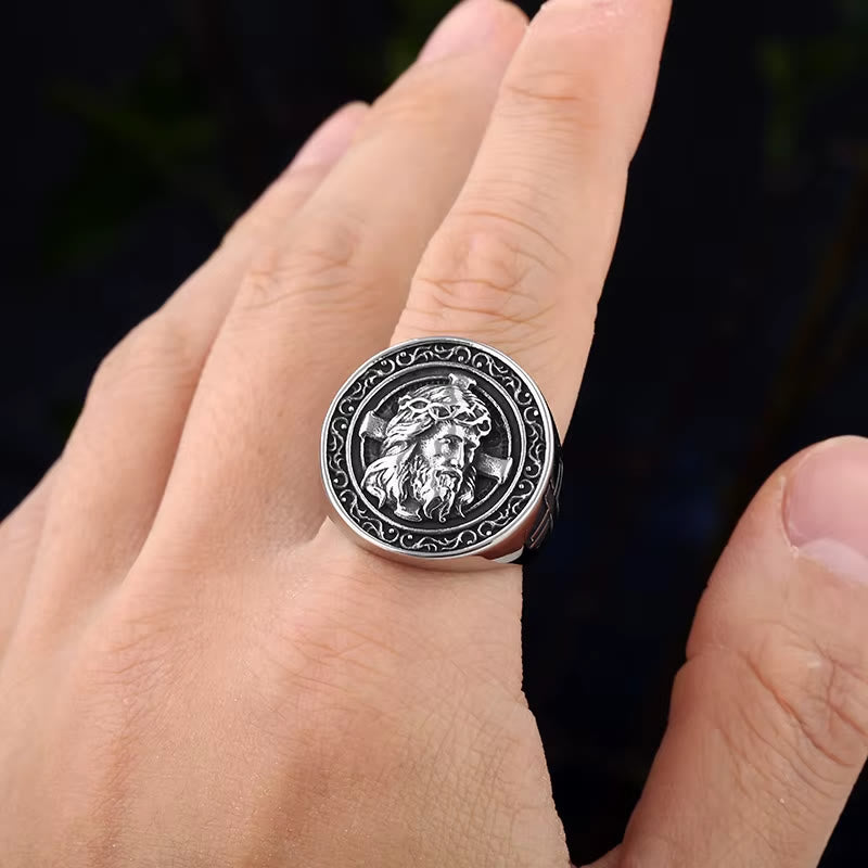 Round Plaque Crown of Thorns Jesus Scroll Border Signet Ring: Timeless Emblem of Unshakable Sacred Faith