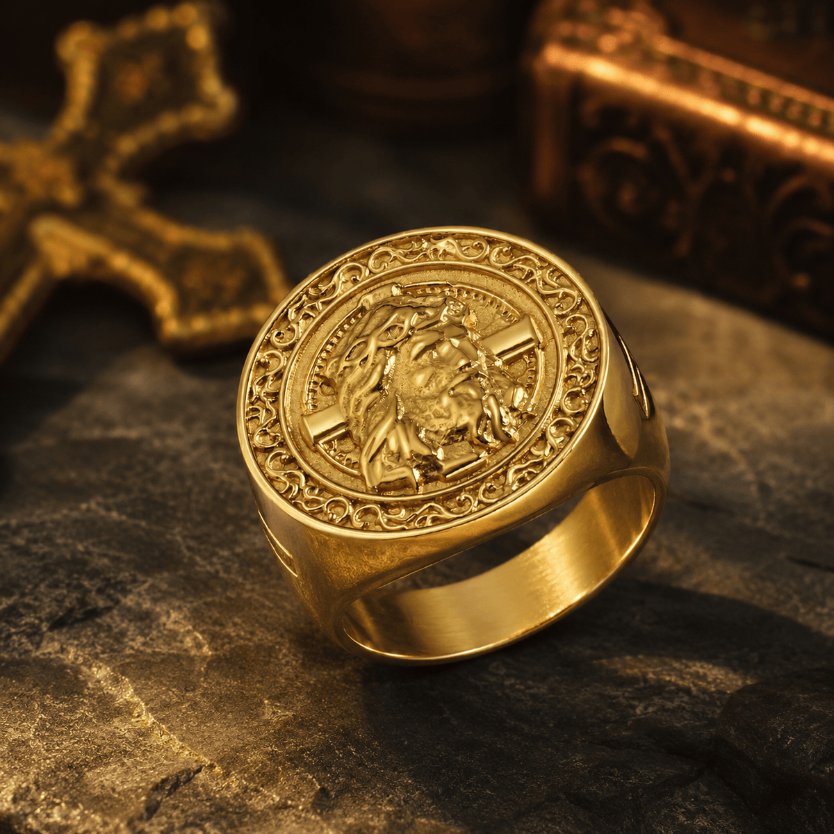 Round Plaque Crown of Thorns Jesus Scroll Border Signet Ring: Timeless Emblem of Unshakable Sacred Faith