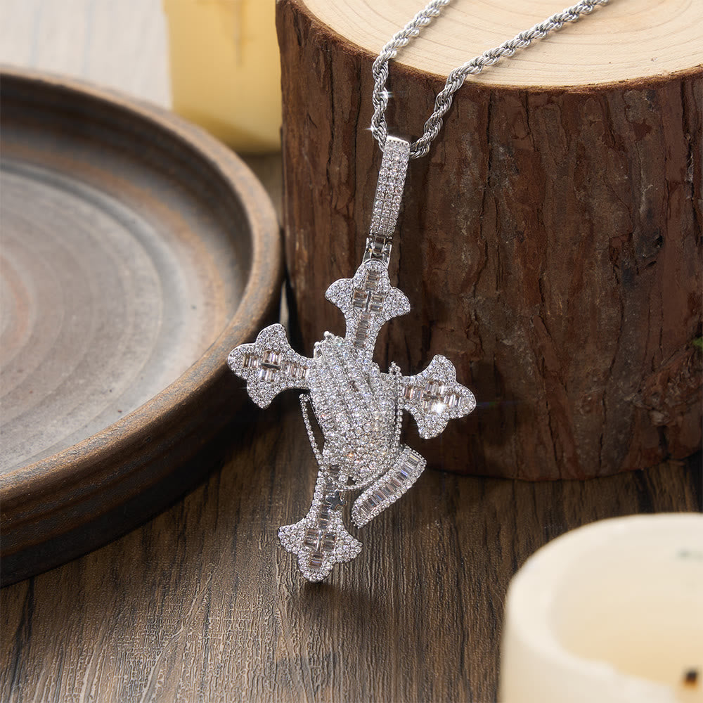 Stone Inlaid Praying Hands Cross Pendant Necklace: Timeless Emblem of Sincere Devout Prayer