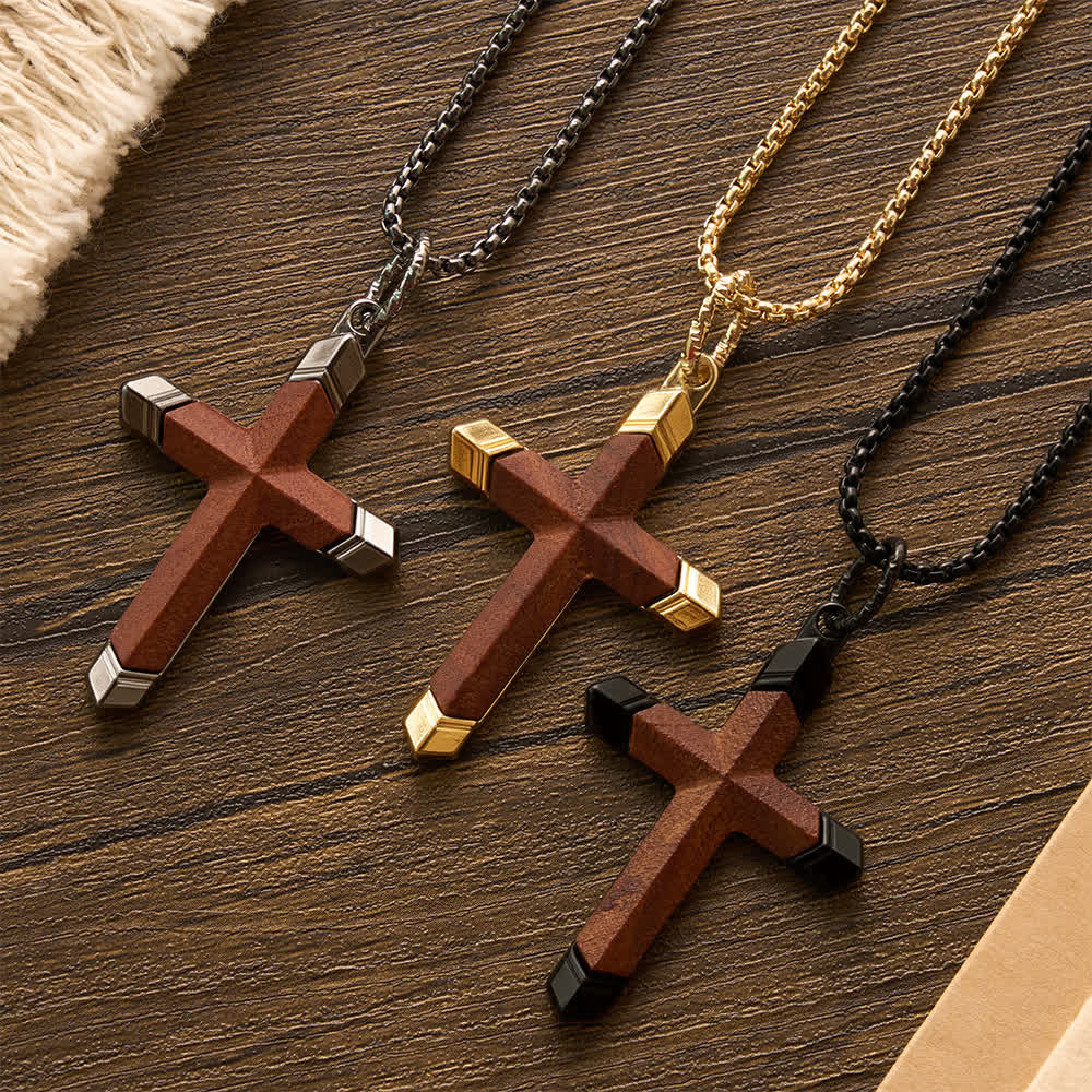 Two-Tone Stainless Steel Inlaid Solid Wood Cross Pendant Box Chain Necklace