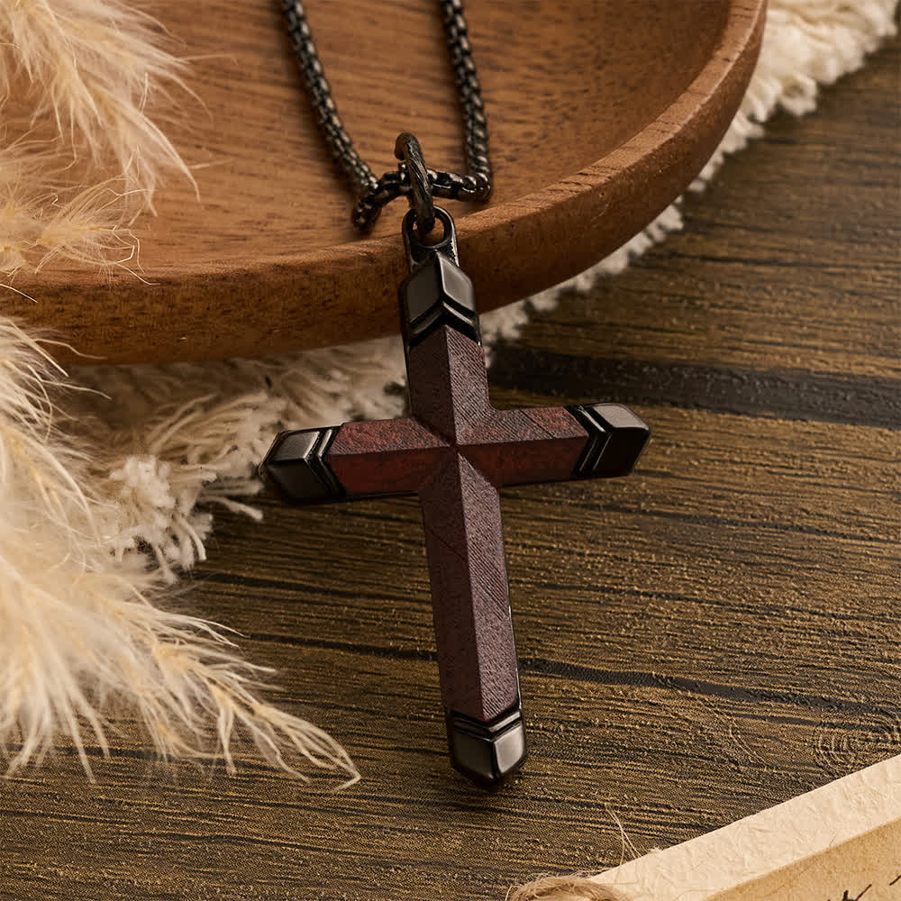 Two-Tone Stainless Steel Inlaid Solid Wood Cross Pendant Box Chain Necklace