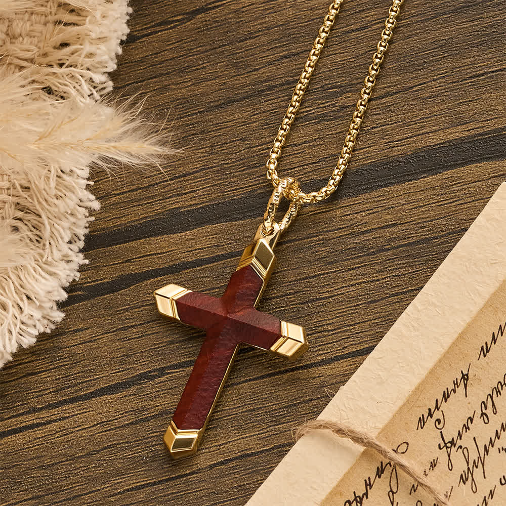 Two-Tone Stainless Steel Inlaid Solid Wood Cross Pendant Box Chain Necklace