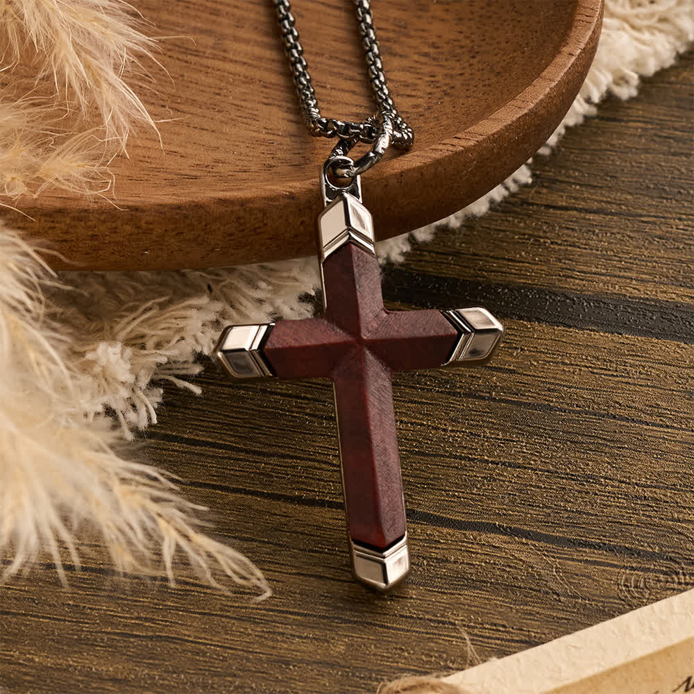 Two-Tone Stainless Steel Inlaid Solid Wood Cross Pendant Box Chain Necklace